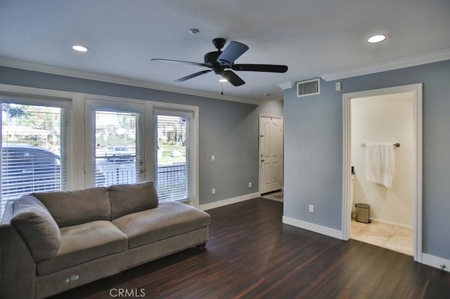 264 Blue Sky Dr, Tustin, CA 92782 - living room featuring ornamental molding, baseboards, visible vents, and ceiling fan