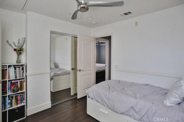 264 Blue Sky Dr, Tustin, CA 92782 - bedroom featuring ceiling fan, visible vents, dark wood-type flooring, and a closet