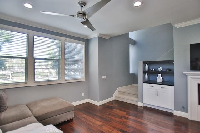 264 Blue Sky Dr, Tustin, CA 92782 - living room featuring dark wood finished floors, ceiling fan, ornamental molding, and plenty of natural light