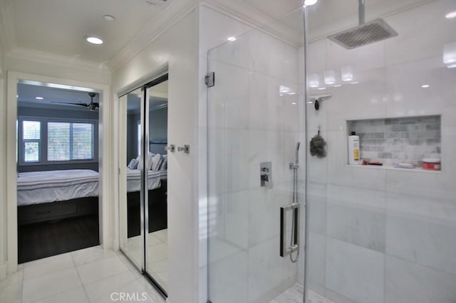264 Blue Sky Dr, Tustin, CA 92782 - full bath with ensuite bathroom, tile patterned flooring, a shower stall, and ornamental molding