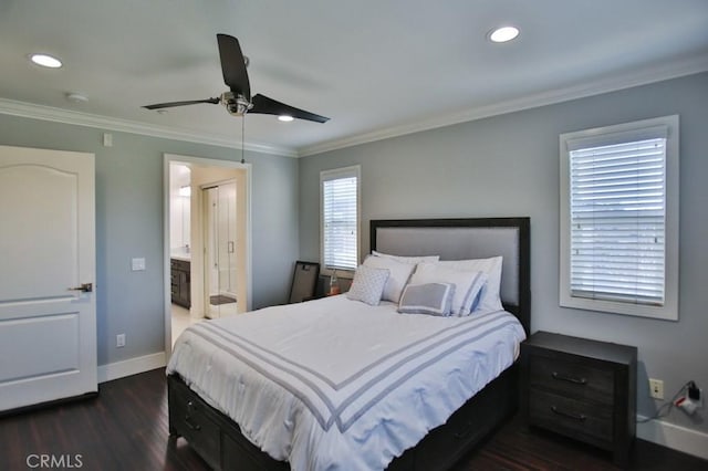 bedroom featuring ornamental molding, recessed lighting, dark wood finished floors, and baseboards