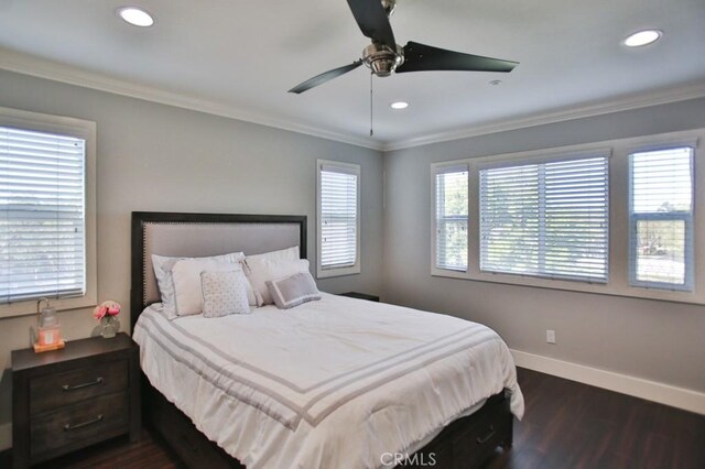 bedroom featuring ornamental molding, recessed lighting, dark wood-style flooring, and baseboards