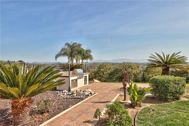 view of patio / terrace featuring a mountain view and an outdoor kitchen