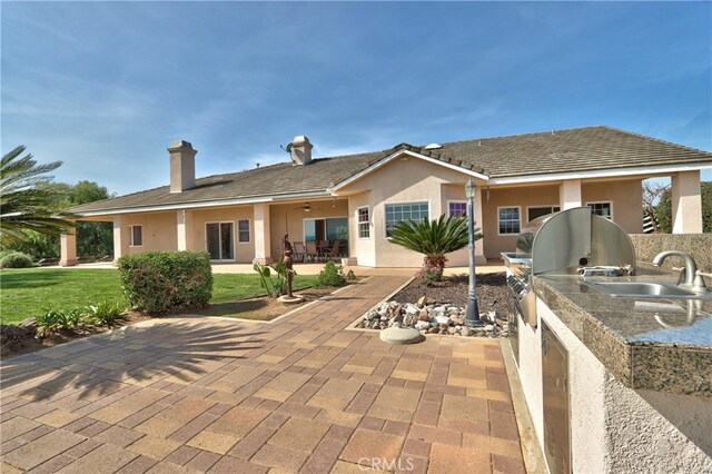 rear view of house featuring a patio, an outdoor kitchen, a sink, and stucco siding