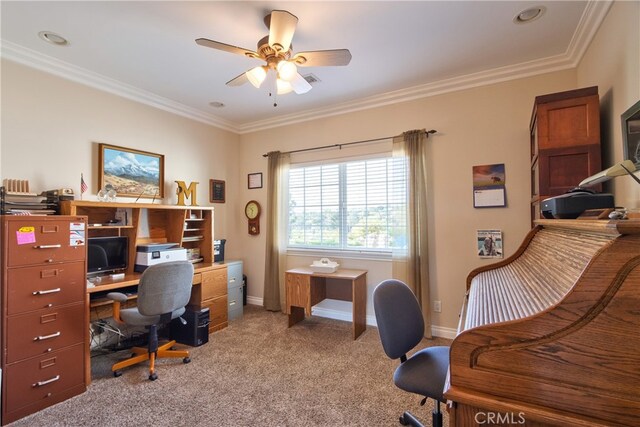 office area with ceiling fan, ornamental molding, carpet flooring, and baseboards