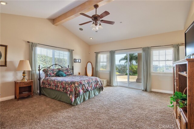 bedroom with lofted ceiling with beams, a ceiling fan, baseboards, access to exterior, and carpet