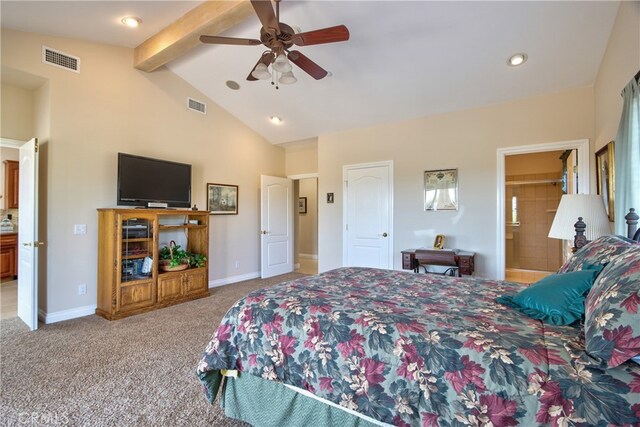 bedroom featuring light colored carpet, visible vents, vaulted ceiling with beams, and baseboards