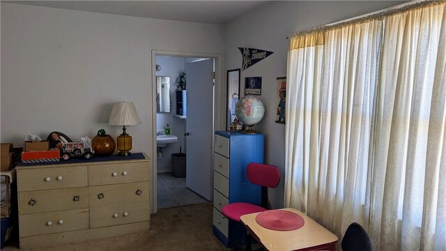 carpeted bedroom with a sink and ensuite bathroom