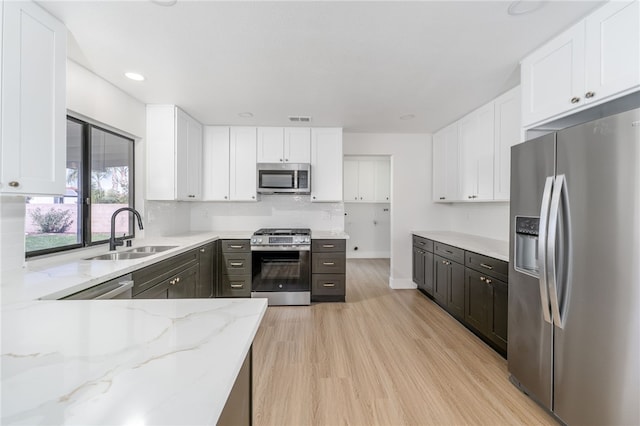 kitchen featuring stainless steel appliances, light stone counters, a sink, and white cabinets