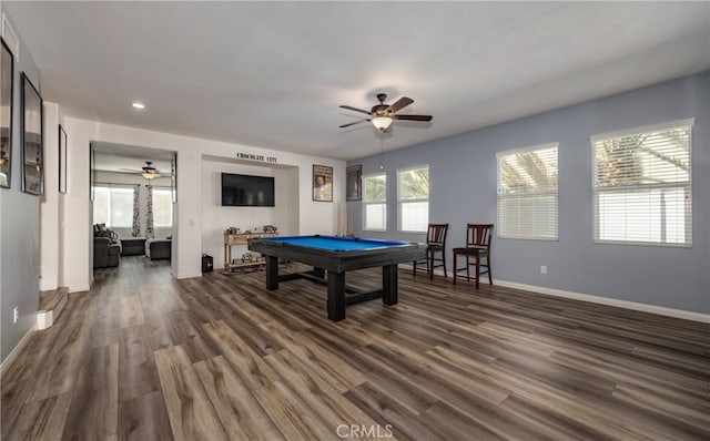 recreation room with recessed lighting, pool table, a ceiling fan, baseboards, and dark wood-style floors