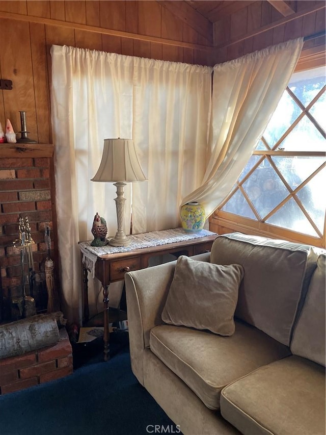 living area with wood walls