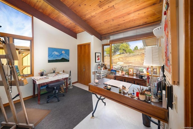 office space with lofted ceiling with beams, wooden ceiling, and baseboards