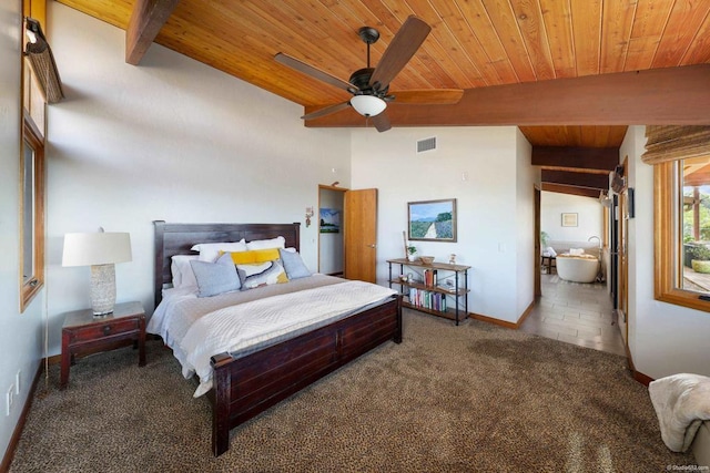 bedroom with baseboards, visible vents, wooden ceiling, beamed ceiling, and dark colored carpet