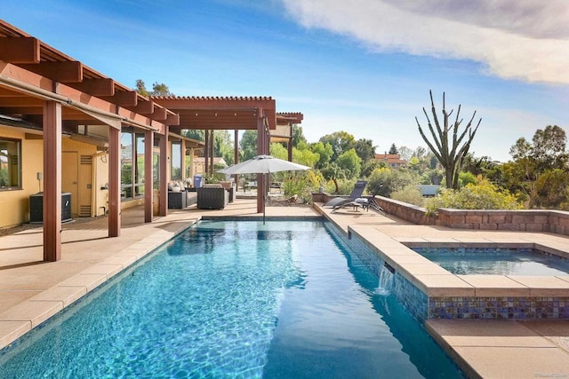 pool featuring a pergola, a patio, central AC unit, and an in ground hot tub