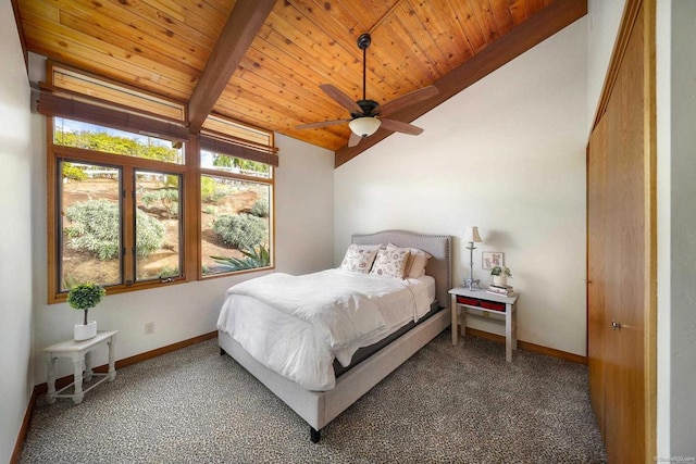 bedroom with dark carpet, wood ceiling, vaulted ceiling with beams, and baseboards