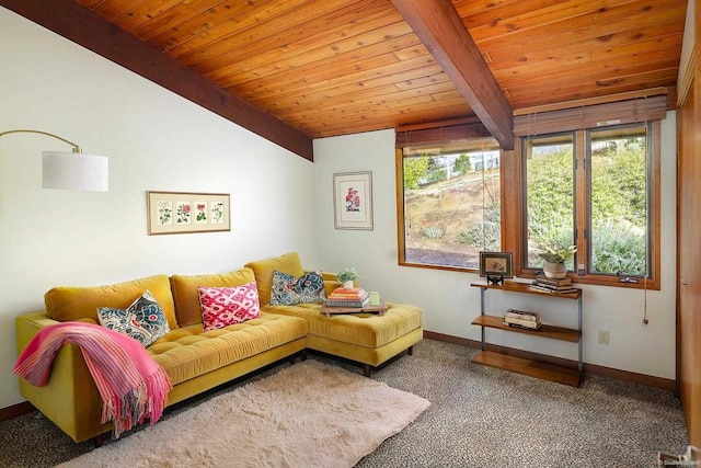 living room with vaulted ceiling with beams, carpet flooring, wood ceiling, and baseboards