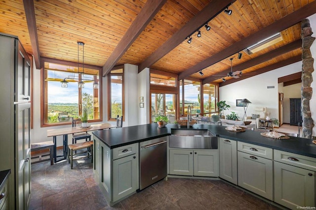 kitchen featuring dark countertops, wooden ceiling, a sink, and dishwasher