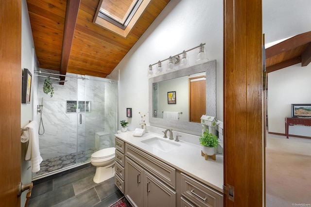 bathroom with vaulted ceiling with skylight, toilet, wood ceiling, vanity, and a marble finish shower