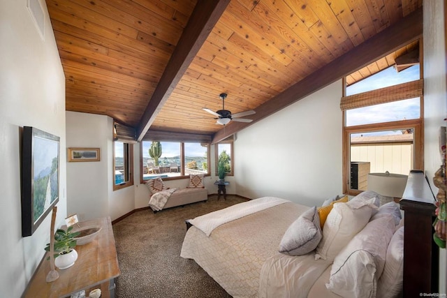 carpeted bedroom featuring a ceiling fan, wood ceiling, lofted ceiling with beams, and baseboards