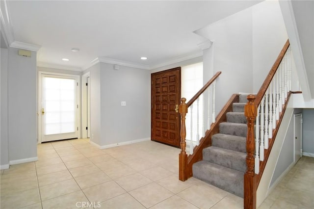 stairway with recessed lighting, tile patterned floors, baseboards, and ornamental molding
