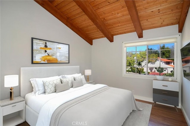 bedroom featuring wood ceiling, lofted ceiling with beams, baseboards, and wood finished floors