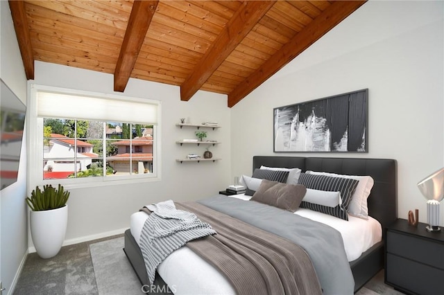 bedroom with lofted ceiling with beams, wooden ceiling, baseboards, and carpet floors