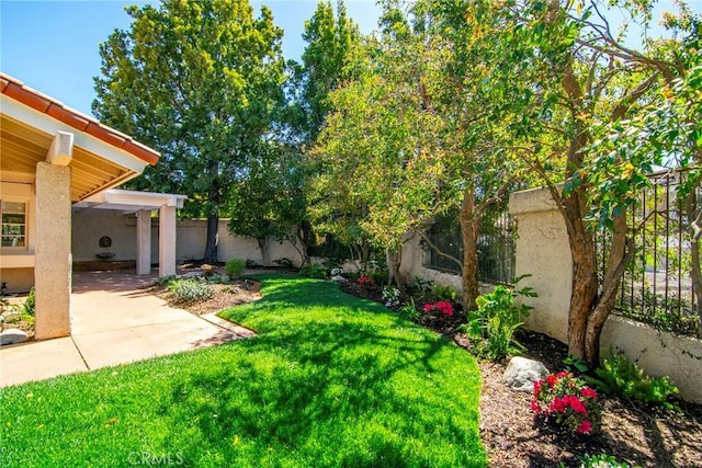 view of yard with a fenced backyard and a patio area