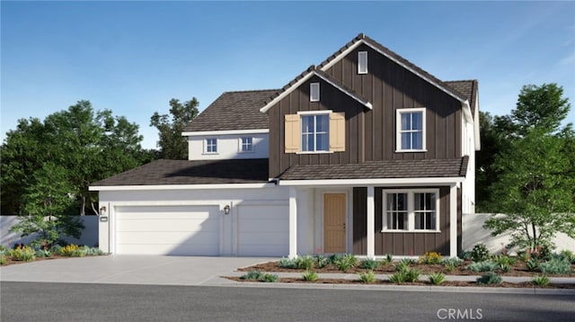 view of front facade with board and batten siding, driveway, and a garage