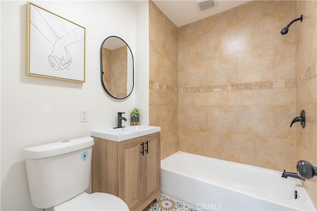 full bathroom featuring toilet, shower / bath combination, visible vents, and vanity