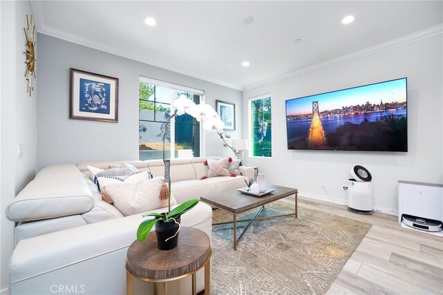 living room featuring light wood-type flooring, a wealth of natural light, crown molding, and recessed lighting