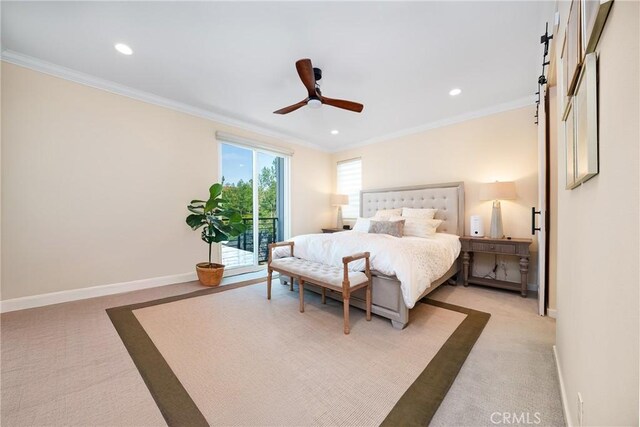 bedroom with ornamental molding, recessed lighting, and light colored carpet