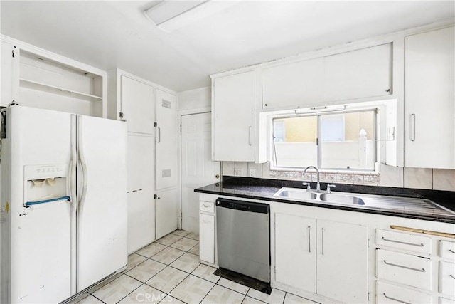 kitchen featuring a sink, dark countertops, dishwasher, white cabinets, and white fridge with ice dispenser