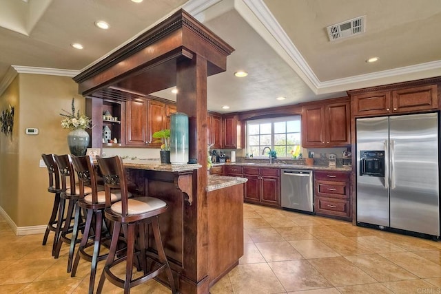 kitchen with open shelves, stainless steel appliances, visible vents, and ornamental molding