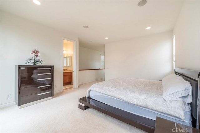 bedroom with baseboards, carpet, connected bathroom, and recessed lighting