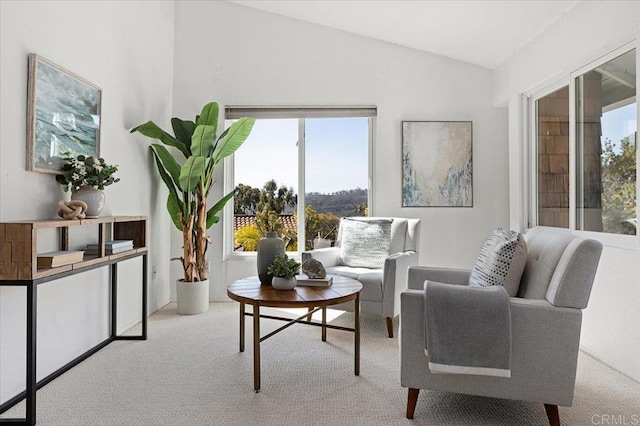 sitting room with lofted ceiling and light carpet