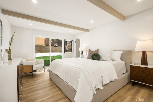 bedroom featuring access to exterior, light wood finished floors, beam ceiling, and recessed lighting