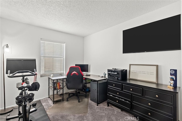 office featuring carpet, a textured ceiling, and baseboards