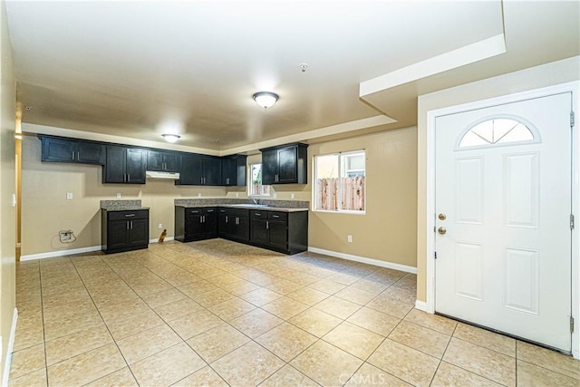 kitchen with dark cabinets, light countertops, under cabinet range hood, a sink, and light tile patterned flooring