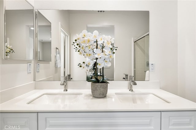 bathroom with double vanity, visible vents, and a sink