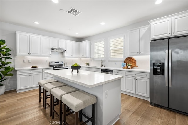 kitchen with white cabinetry, stainless steel appliances, light countertops, and a center island