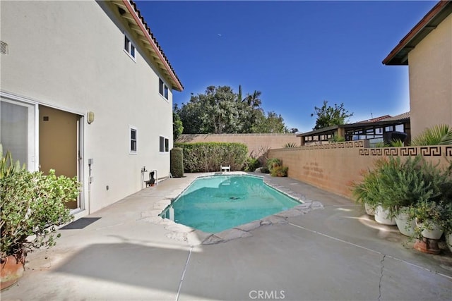 view of swimming pool featuring a fenced in pool, a patio area, a fenced backyard, and a diving board