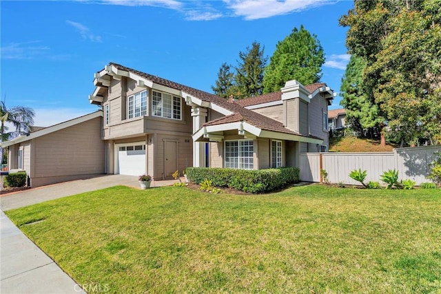 view of front of property featuring concrete driveway, fence, a front lawn, and an attached garage