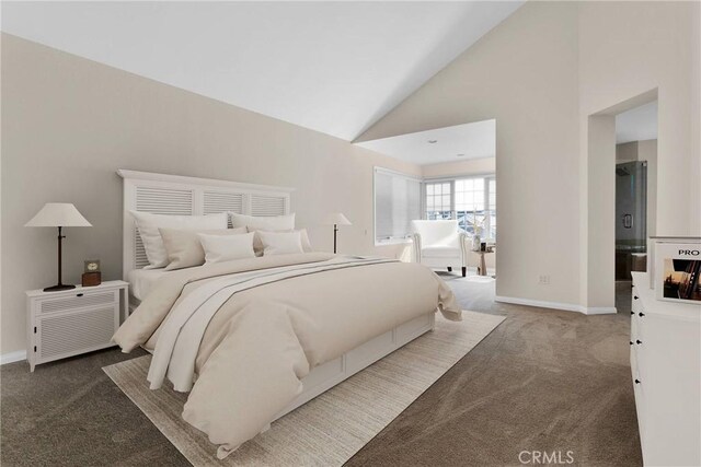 bedroom with carpet floors, high vaulted ceiling, and baseboards