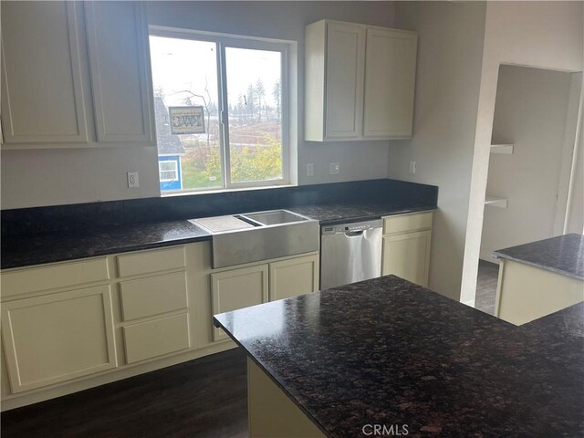 kitchen with dark wood-style flooring, white cabinetry, and stainless steel dishwasher