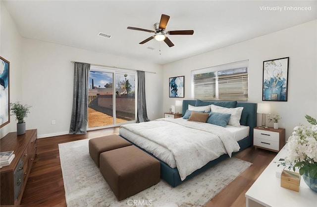 bedroom with visible vents, access to outside, dark wood-style floors, baseboards, and ceiling fan