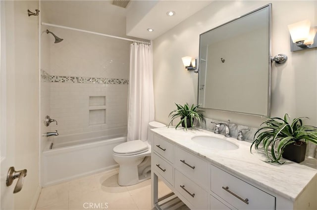 full bath featuring tile patterned flooring, toilet, recessed lighting, vanity, and shower / bath combo