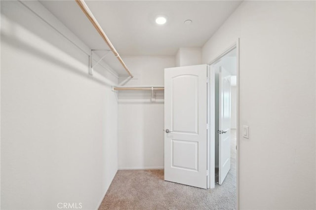 walk in closet with light carpet