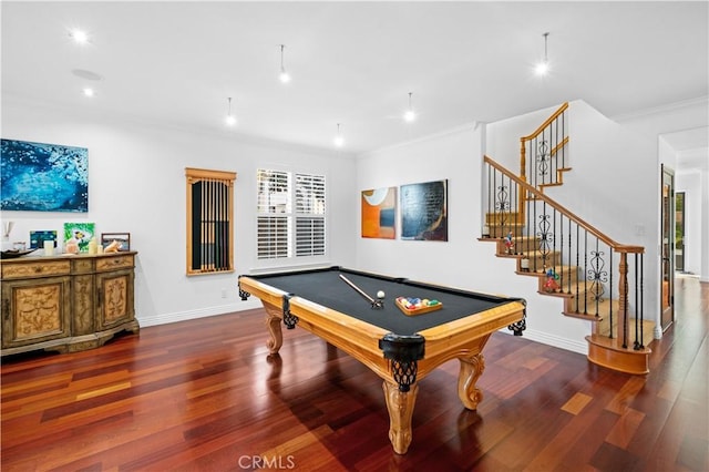 recreation room featuring ornamental molding, pool table, baseboards, and wood finished floors