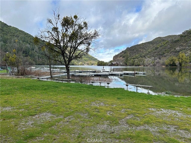 dock area with a yard and a water and mountain view