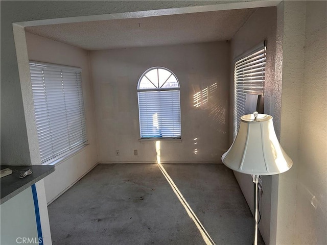 unfurnished room with a textured ceiling and concrete floors